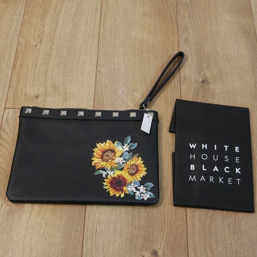 White House Black Market Black Sunflower Floral Studded Wristlet Clutch Bag NWT - Picture 1 of 7